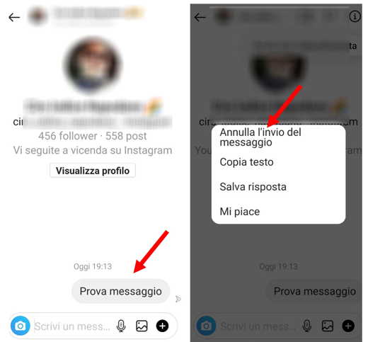 Cancelar el envío de un mensaje de Instagram