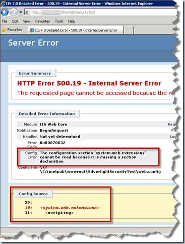 La sección de configuración 'system.web.extensions' no se puede leer porque falta una declaración de sección.